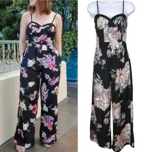 Band of Gypsies Black Floral Jumpsuit with Pockets wide leg